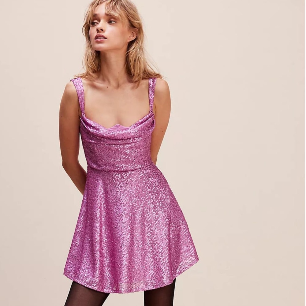 For Love & Lemons Sequin Candice Mini Dress in Pink/Purple with Velvet Bows